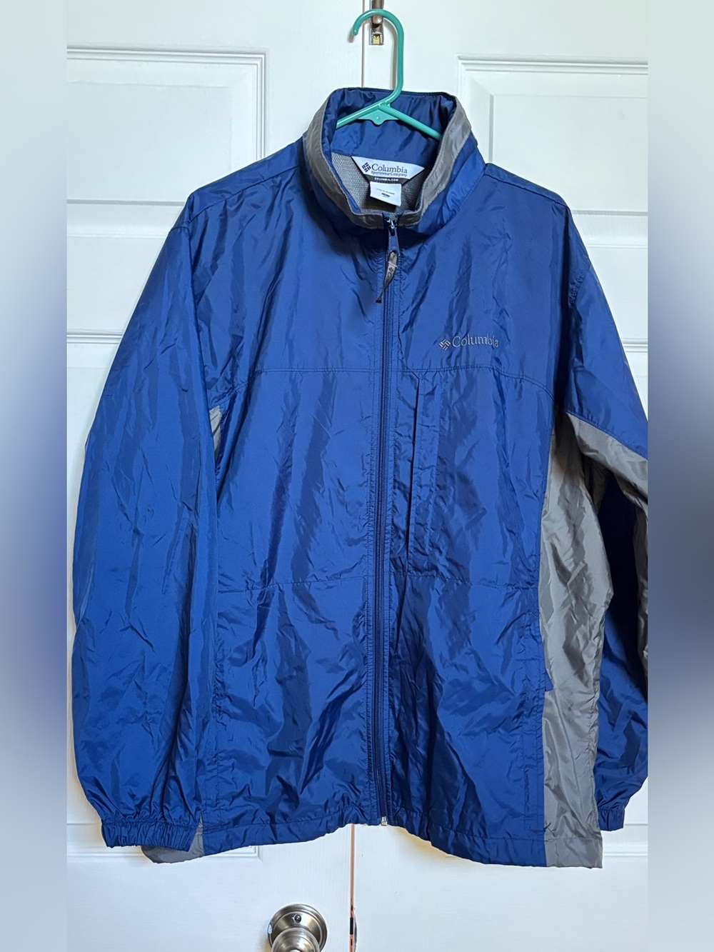 Columbia Windbreaker Jacket Mens L Blue Gray Hidden Hood Packable Full Zip